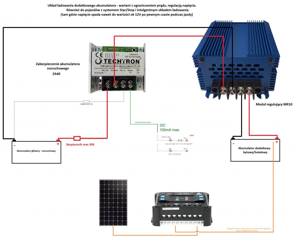 Schemat połączenia MR10 oraz regulatora ładowania PV do dodatkowego akumulatora